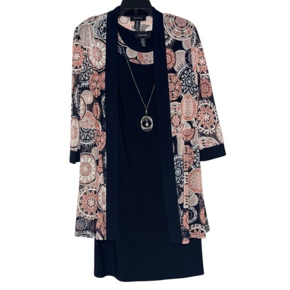 R&M Richards Women's Dress Suit Set Size 8 Navy Pink Sheer Jacket